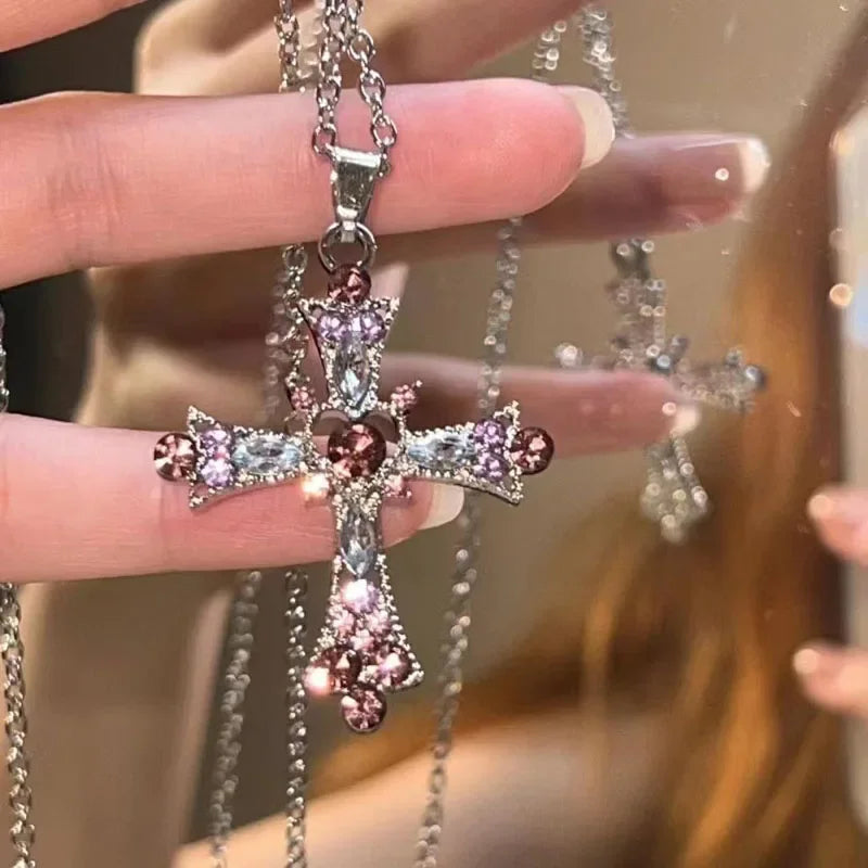 2025 New Y2K Punk Pink Purple Zircon Cross Necklace