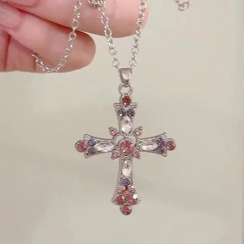 2025 New Y2K Punk Pink Purple Zircon Cross Necklace