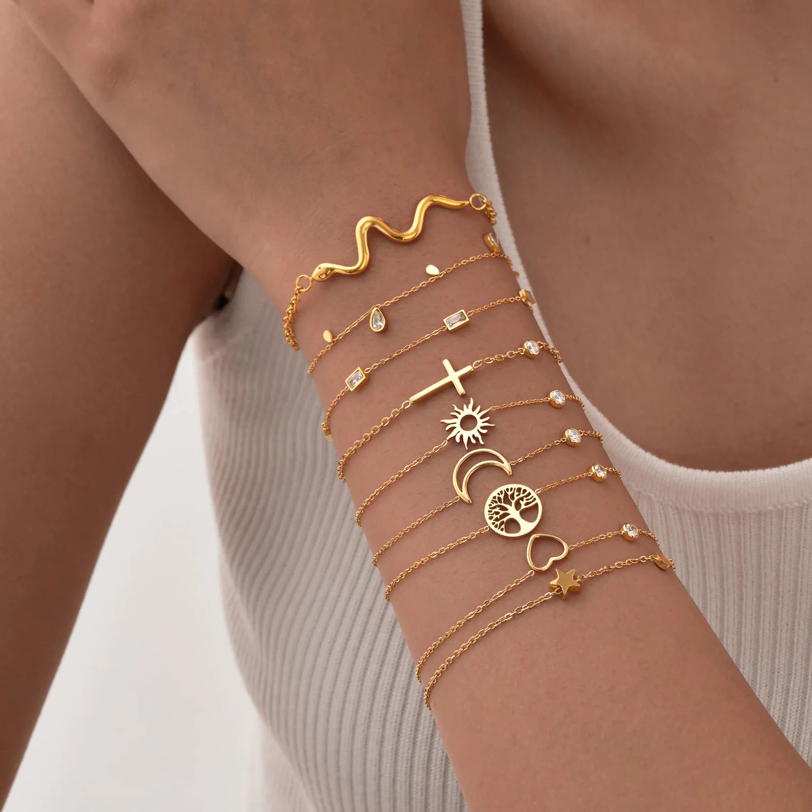Women Minimalism Thin Chain Cross Crescent Moon Star Bracelet