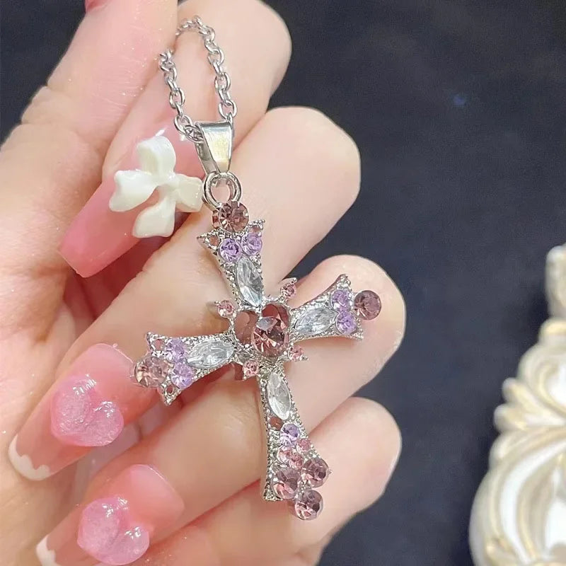 2025 New Y2K Punk Pink Purple Zircon Cross Necklace