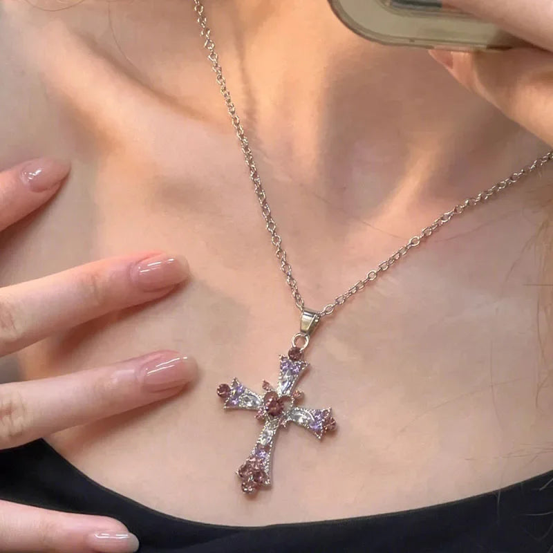 2025 New Y2K Punk Pink Purple Zircon Cross Necklace