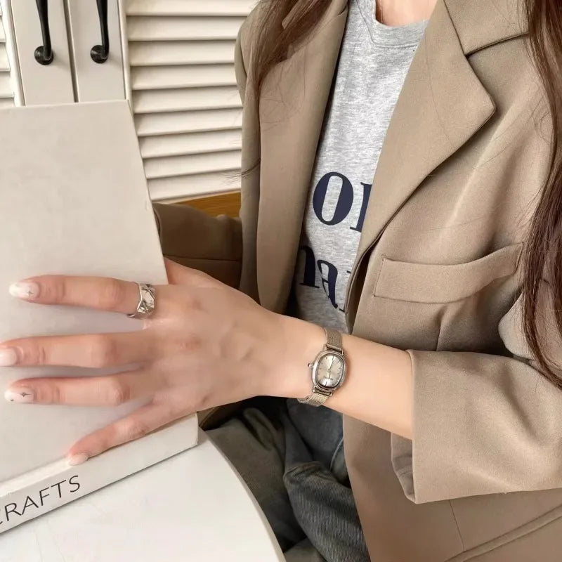 Small Oval Dial Green Watch Simple Stainless Steel