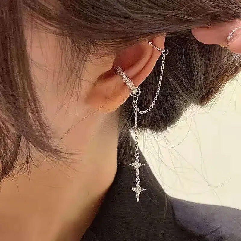 Shiny Silver Color Crystal Tassel Non-Piercing Cuff Ear Earring