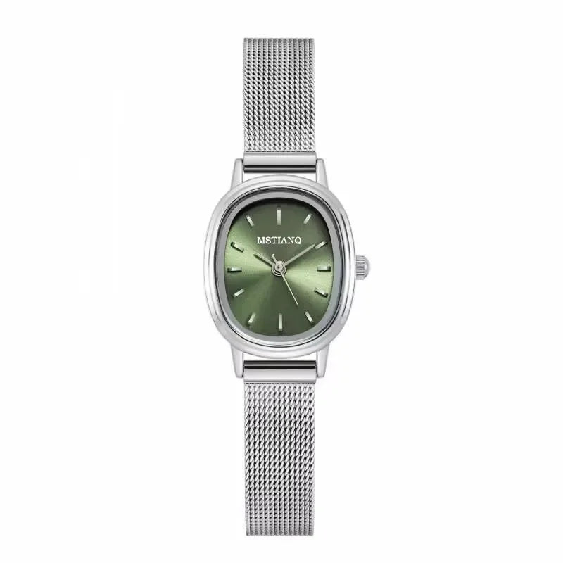 Small Oval Dial Green Watch Simple Stainless Steel