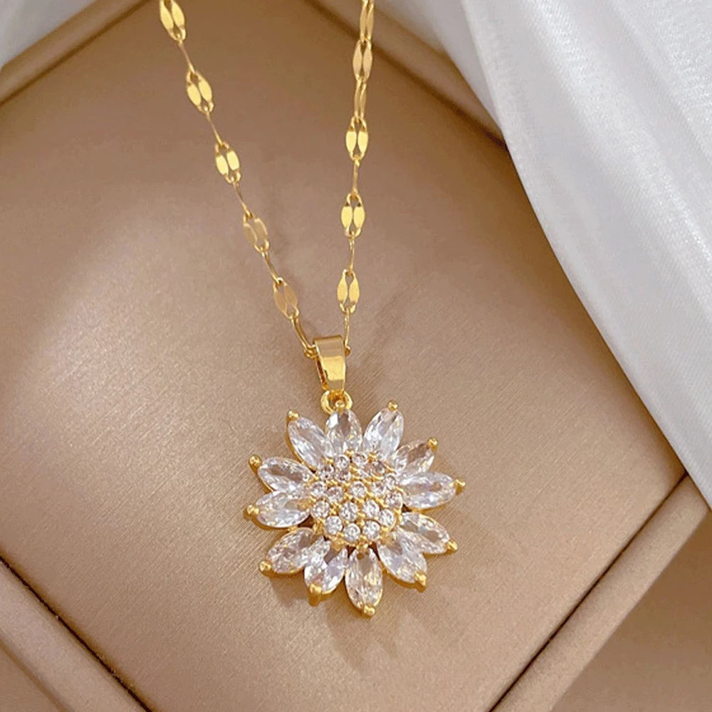 Sunflower Shape CZ Pendant Necklace