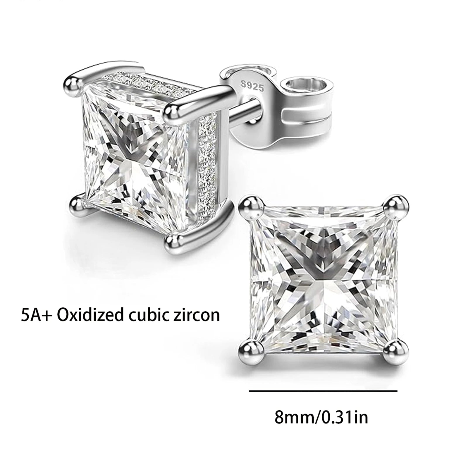 925 Silver, Pair of 8mm Sparkling Anti-Allergy Earrings