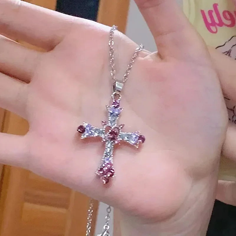 2025 New Y2K Punk Pink Purple Zircon Cross Necklace