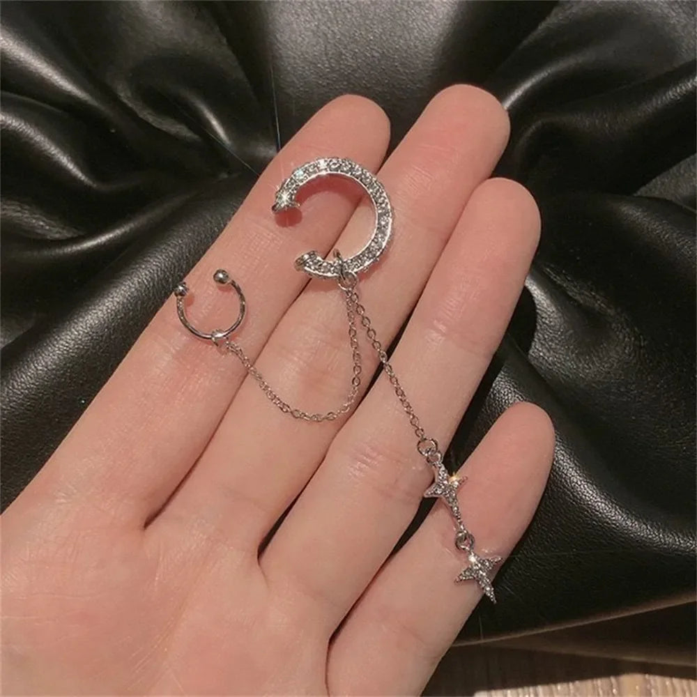 Shiny Silver Color Crystal Tassel Non-Piercing Cuff Ear Earring