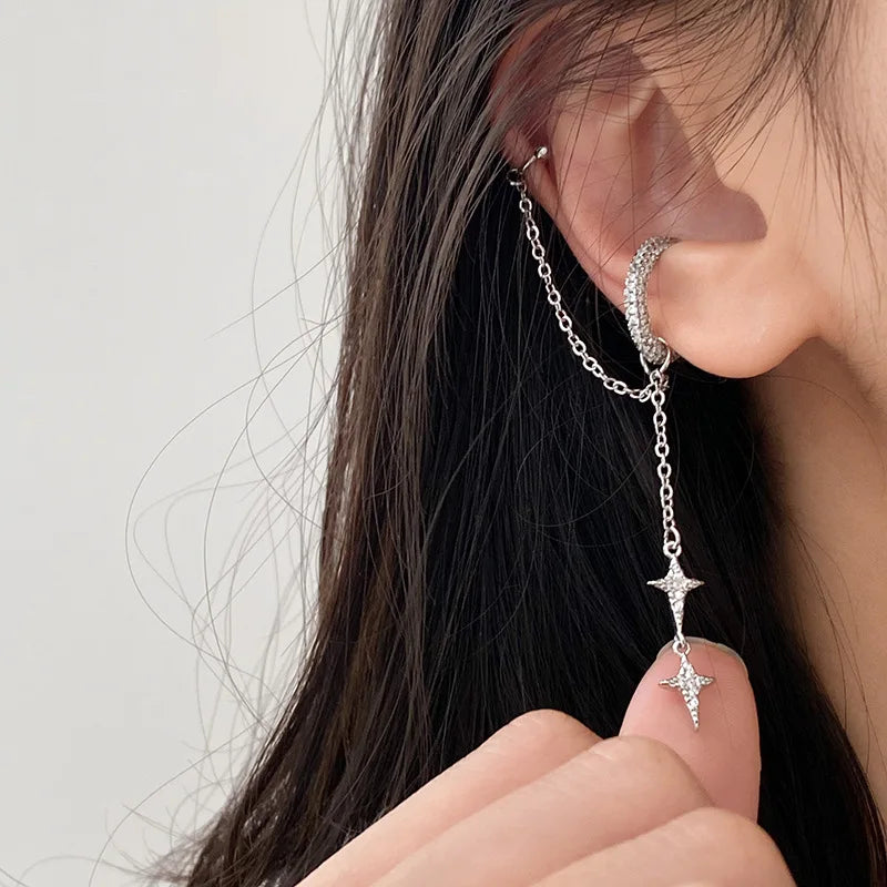 Shiny Silver Color Crystal Tassel Non-Piercing Cuff Ear Earring